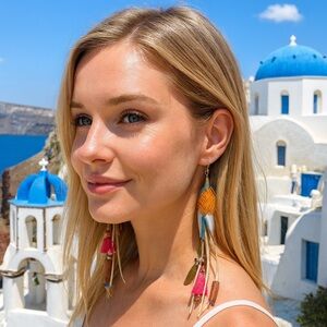 Long Earrings Pink Brown Southwestern Boho Handcrafted Artisan Handmade Feather